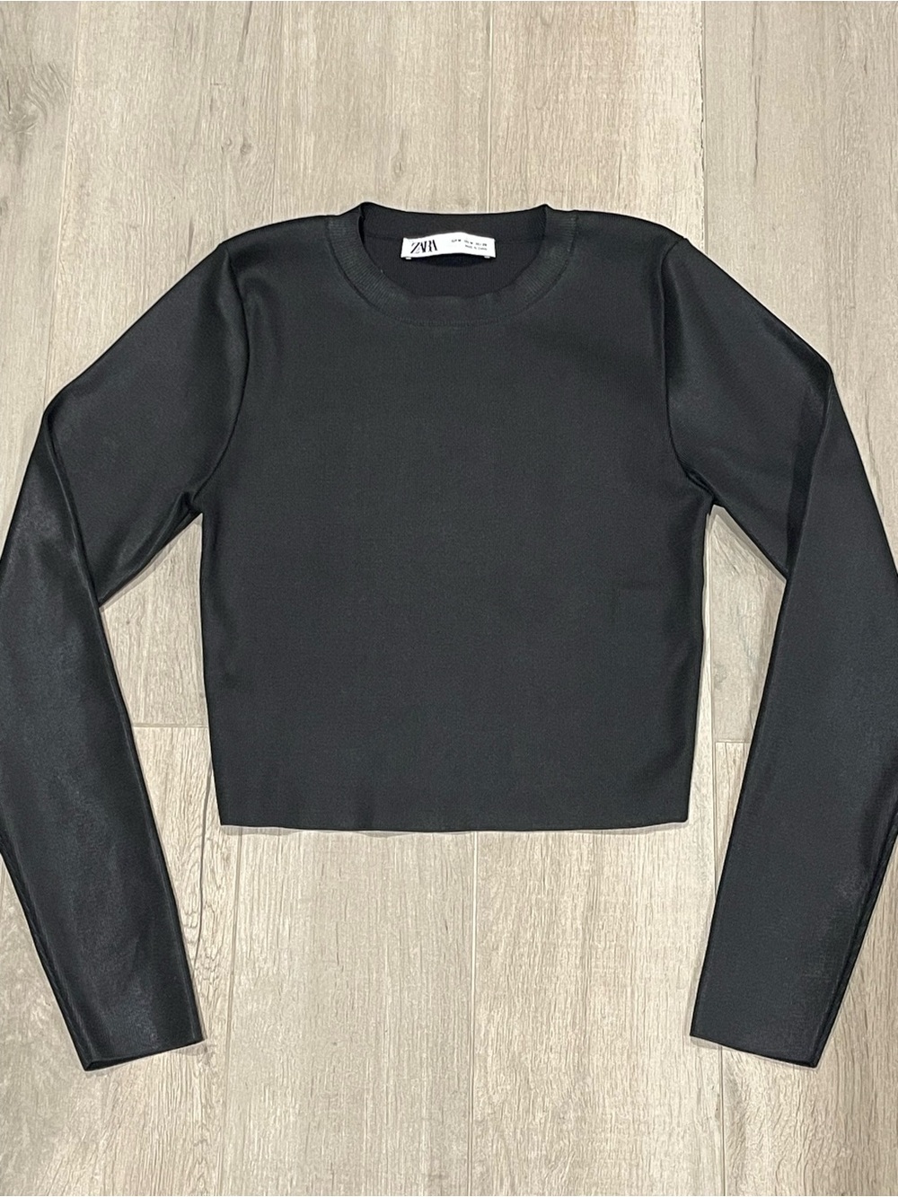 Zara Black Ribbed Knit Cropped Sweater Top Long Sleeve Size M